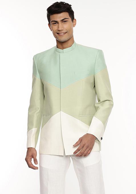 Ivory And Blue Colourblock Bandhgala For Men