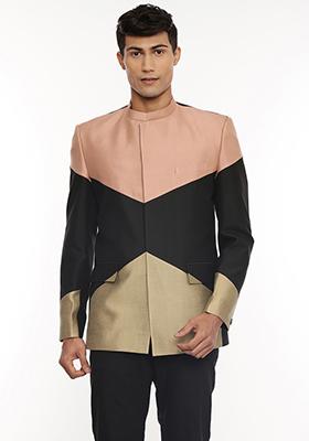 Black And Bronze Colourblock Bandhgala For Men