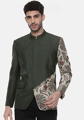 Green Printed Classic Bandhgala For Men