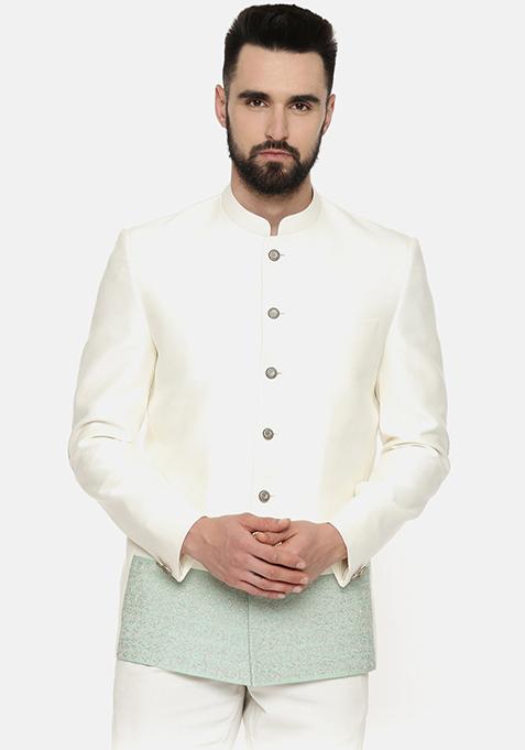Ivory And Green Embroidered Jacket For Men