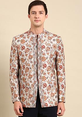 Grey Floral Print Bandhgala For Men