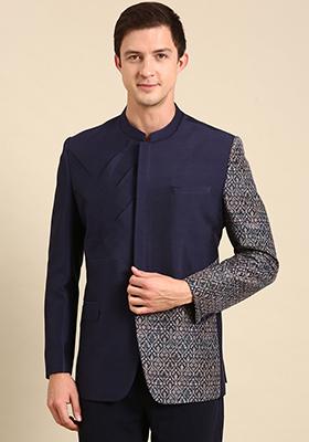 Blue Foil Print Bandhgala For Men