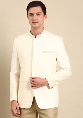 Ivory Banarasi Silk Bandhgala For Men