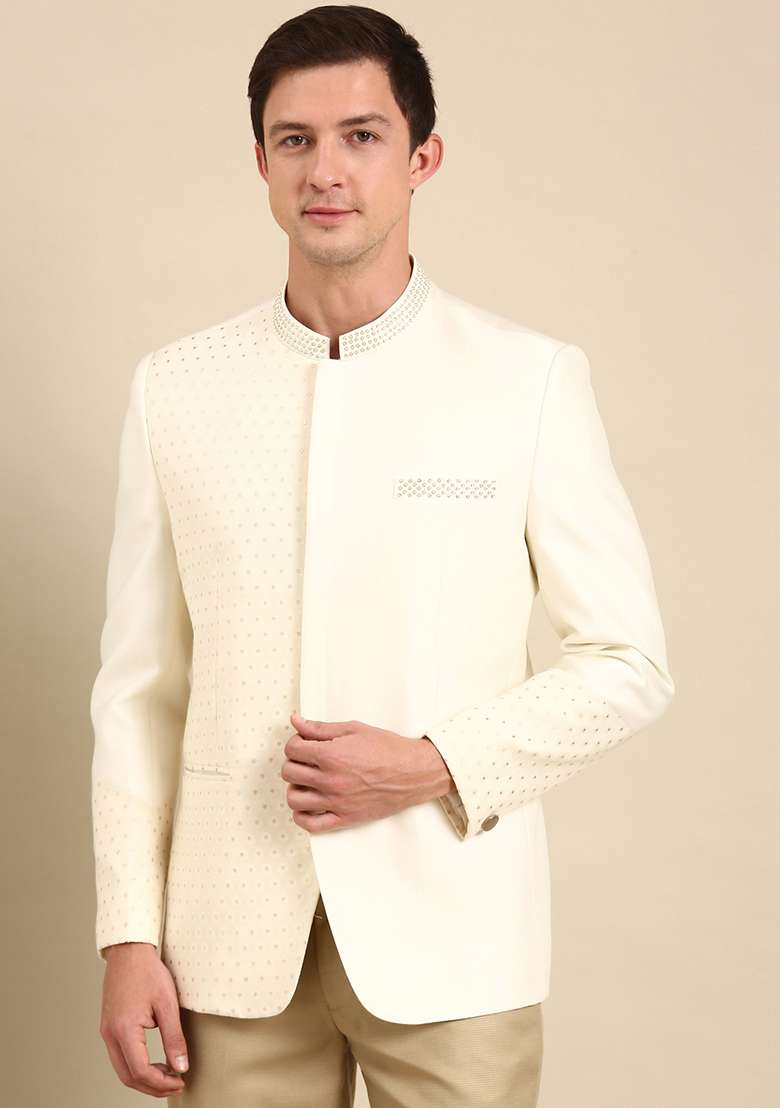 Ivory Banarasi Silk Blend Bandhgala For Men - Indya