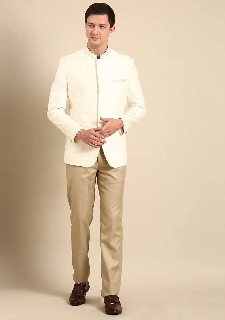 Ivory Banarasi Silk Blend Bandhgala For Men - Indya