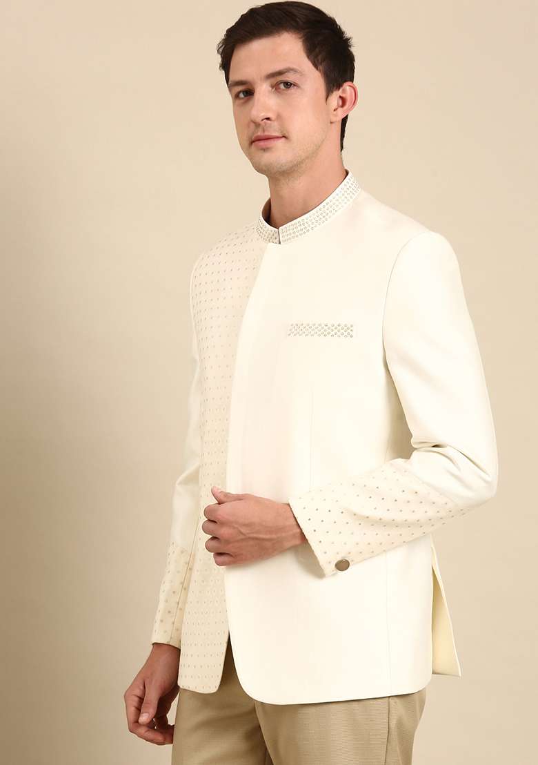Ivory Banarasi Silk Blend Bandhgala For Men - Indya