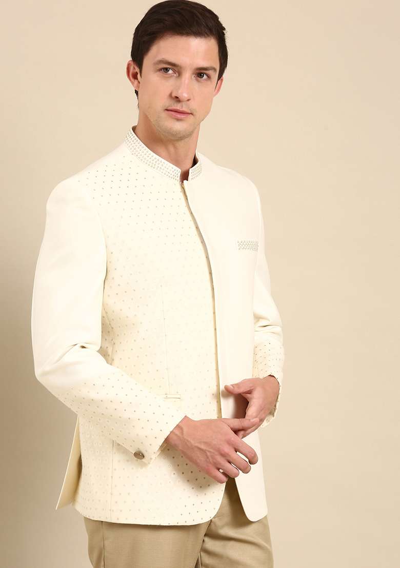 Ivory Banarasi Silk Blend Bandhgala For Men - Indya