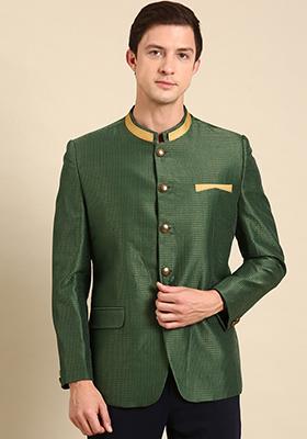 Bottle Green Kota Chanderi Bandhgala For Men