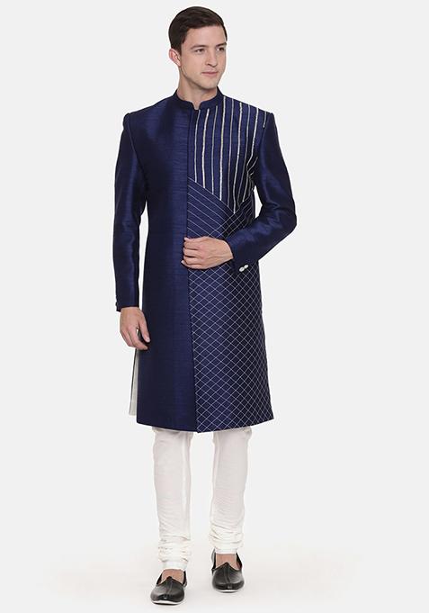 Navy Blue Embroidered Silk Sherwani Set For Men