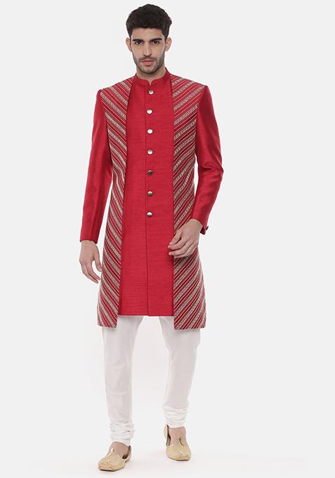 Red Embroidered Double Layered Sherwani Set For Men