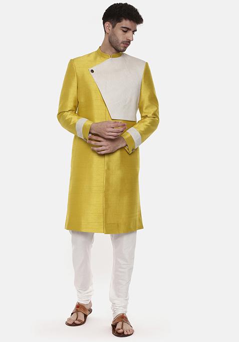 Yellow Slub Silk Sherwani Set For Men
