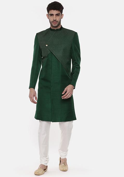 Green Slub Silk Sherwani Set For Men
