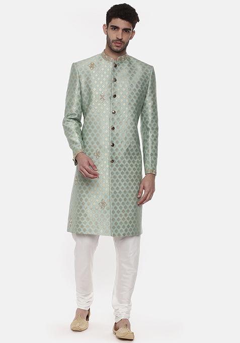 Classic Green Banarasi Silk Sherwani Set For Men