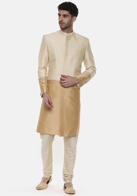 Gold And Beige Silk Sherwani Set For Men
