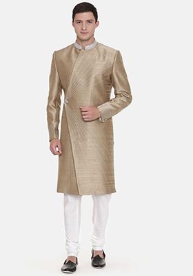 Golden Embroidered Silk Blend Sherwani Set For Men