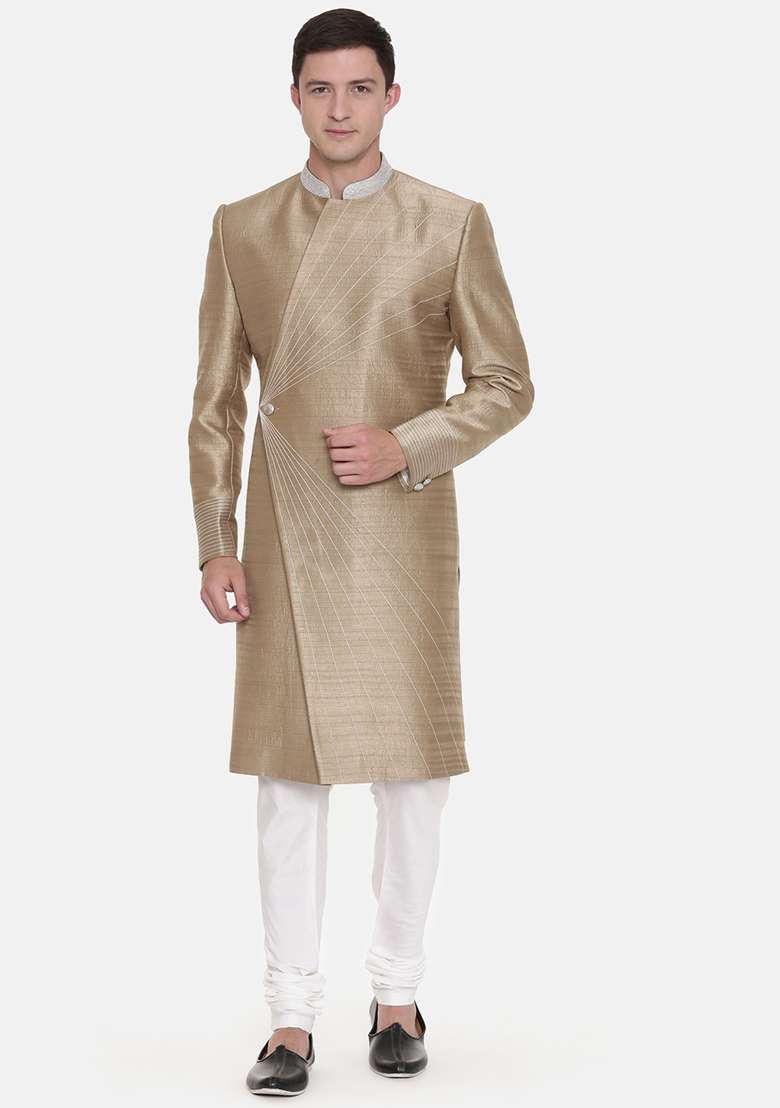 Golden Embroidered Silk Blend Sherwani Set For Men - Indya