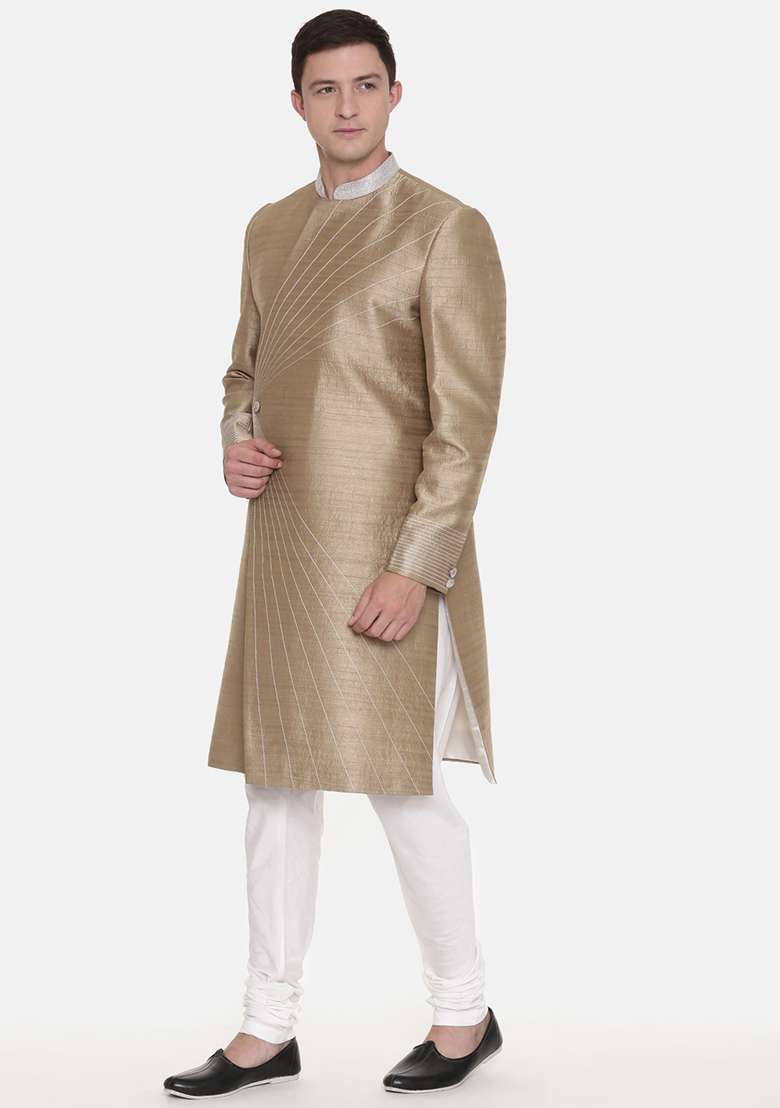 Golden Embroidered Silk Blend Sherwani Set For Men - Indya