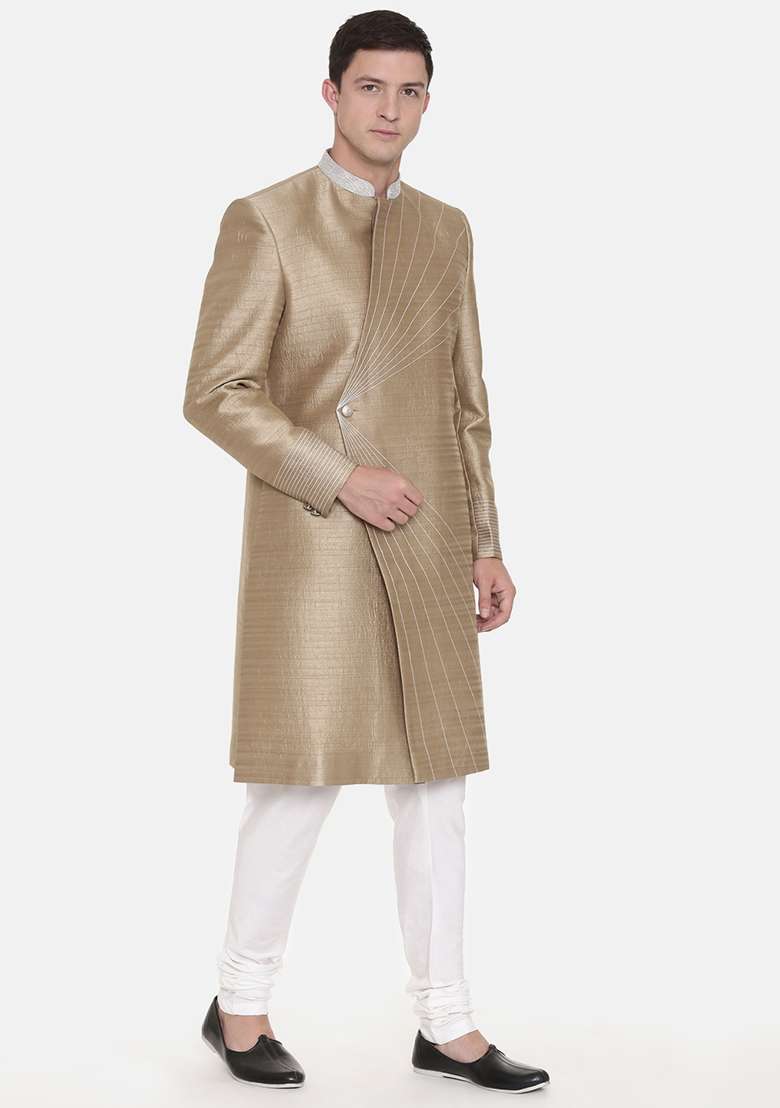 Golden Embroidered Silk Blend Sherwani Set For Men - Indya