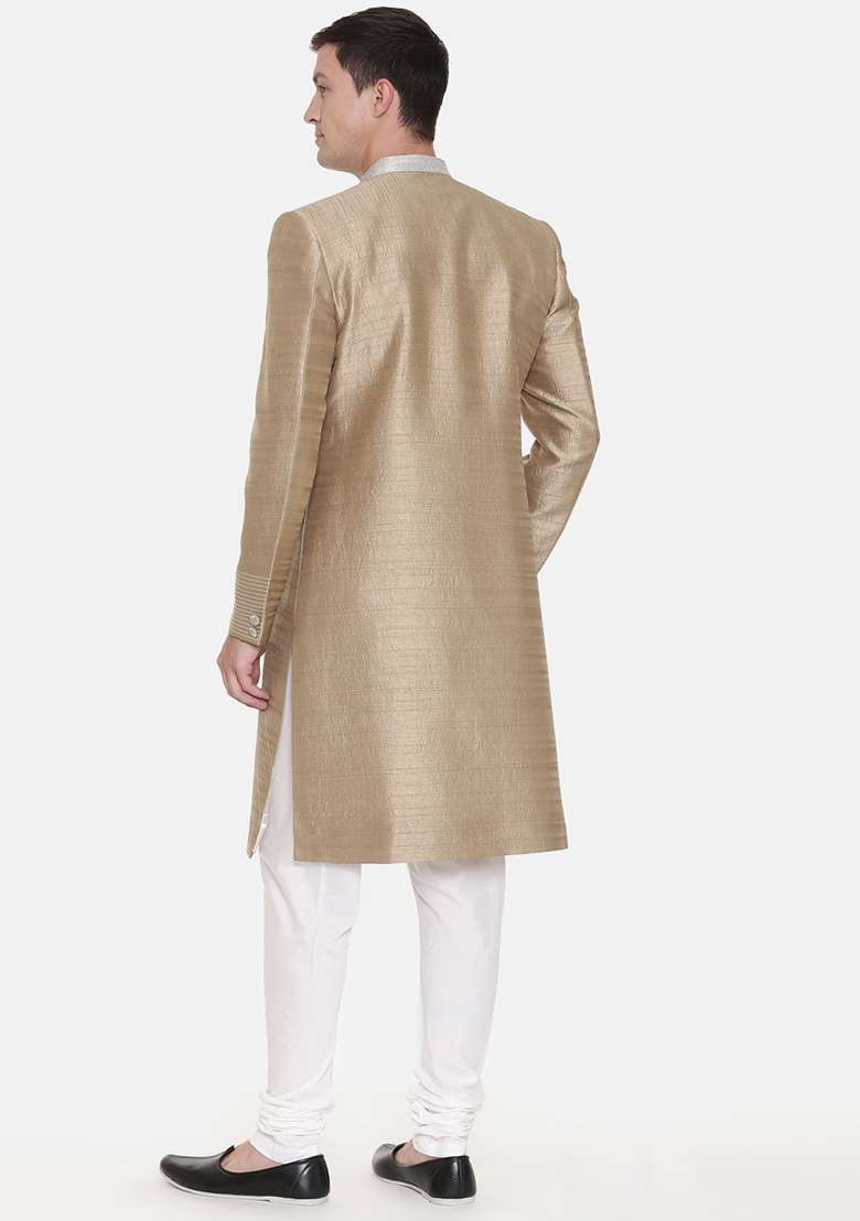 Golden Embroidered Silk Blend Sherwani Set For Men - Indya