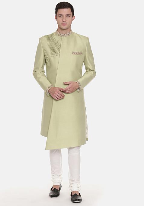 Pista Green Pleated Silk Sherwani Set For Men