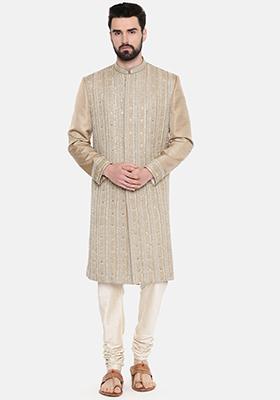 Beige Hand Embroidered Silk Sherwani Set For Men