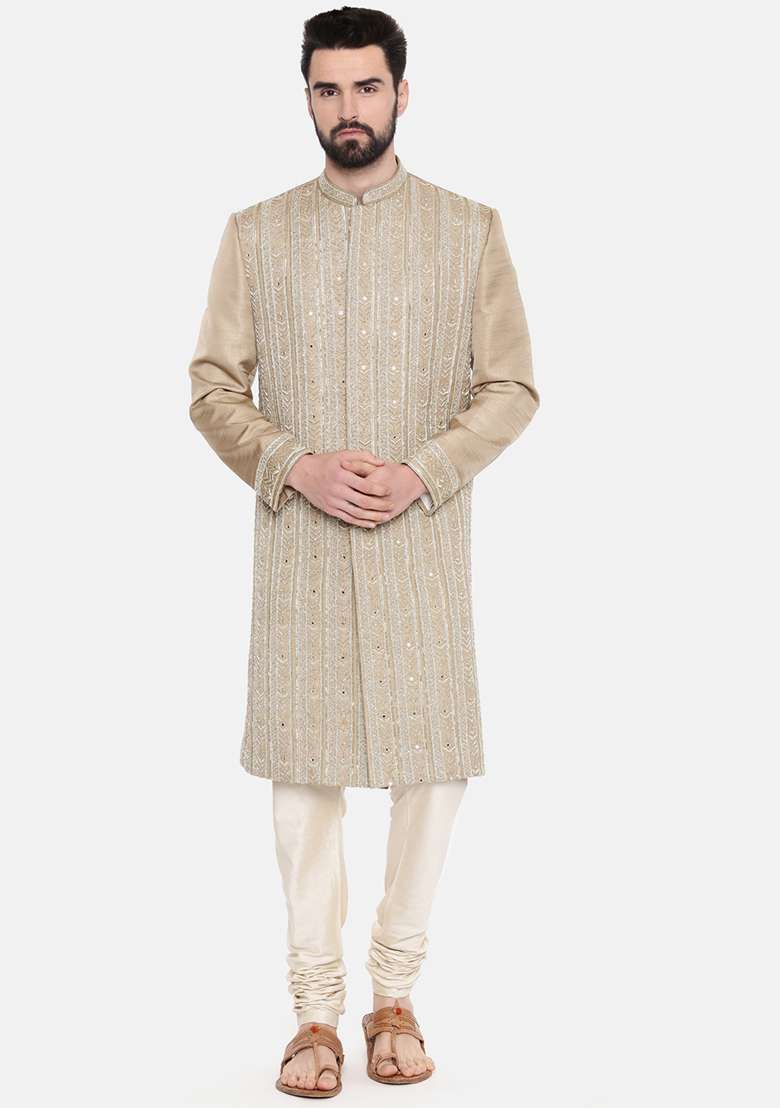 Beige Hand Embroidered Silk Blend Sherwani Set For Men - Indya