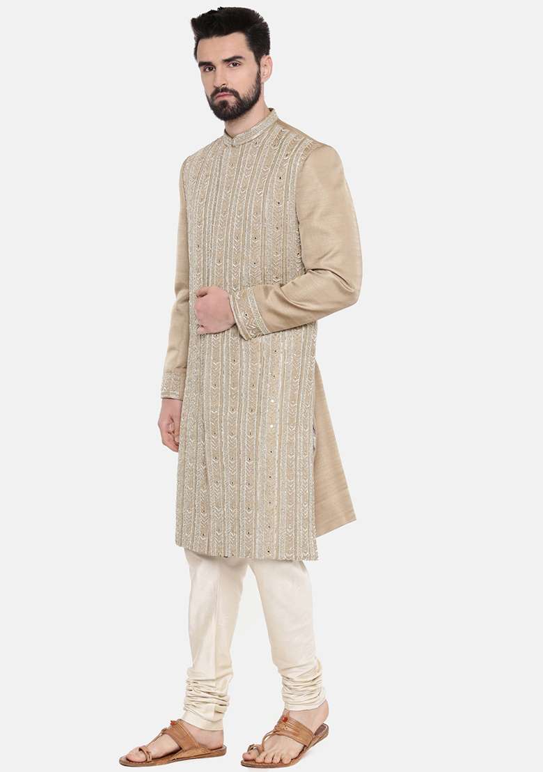 Beige Hand Embroidered Silk Blend Sherwani Set For Men - Indya