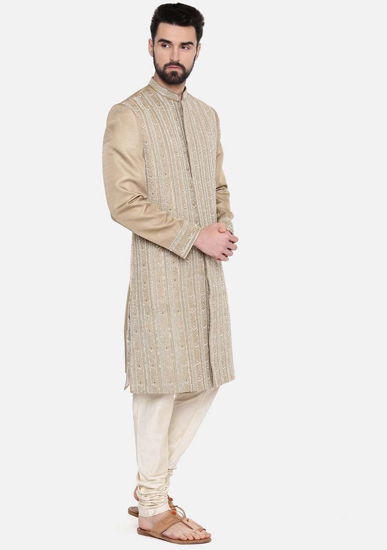 Beige Hand Embroidered Silk Blend Sherwani Set For Men - Indya