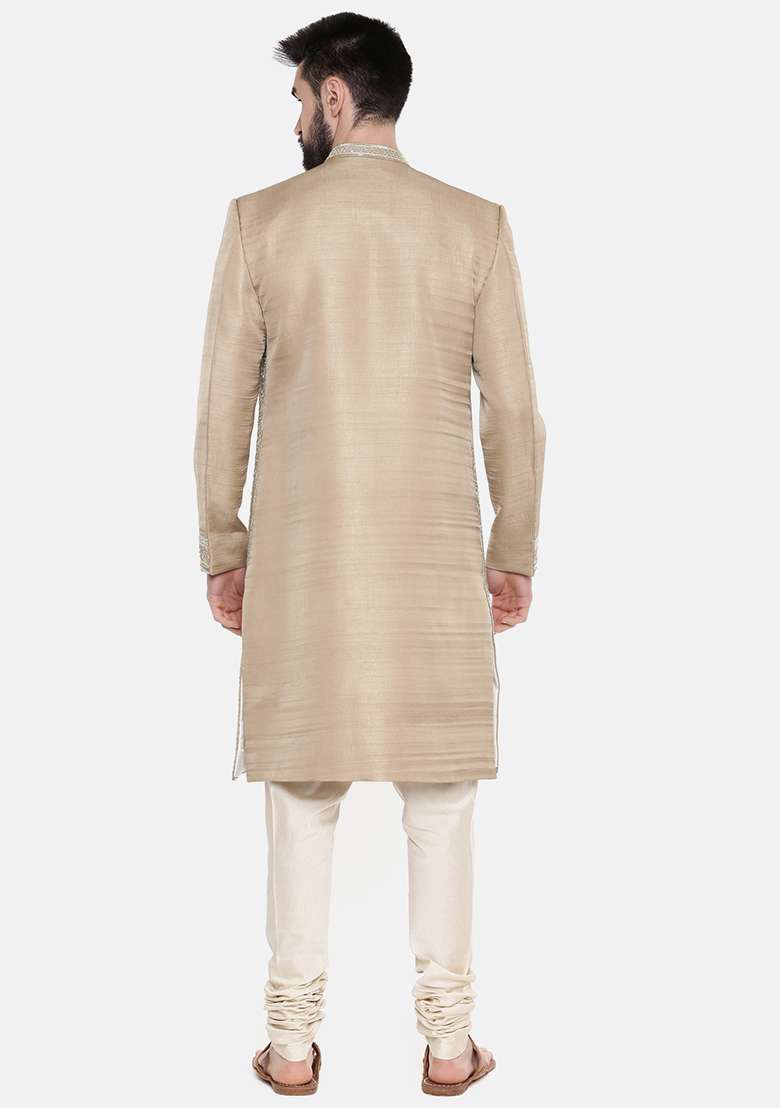 Beige Hand Embroidered Silk Blend Sherwani Set For Men - Indya