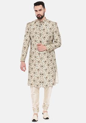 Beige Printed Muslin Sherwani Set For Men