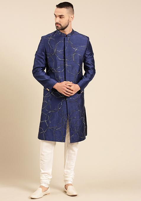 Blue Embroidered Jacquard Silk Sherwani Set For Men