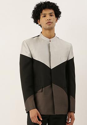 Black And Silver Cotton Bandhgala For Men