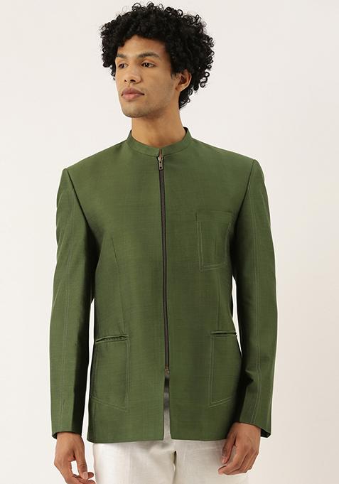Green Cotton Silk Zipper Bandhgala For Men