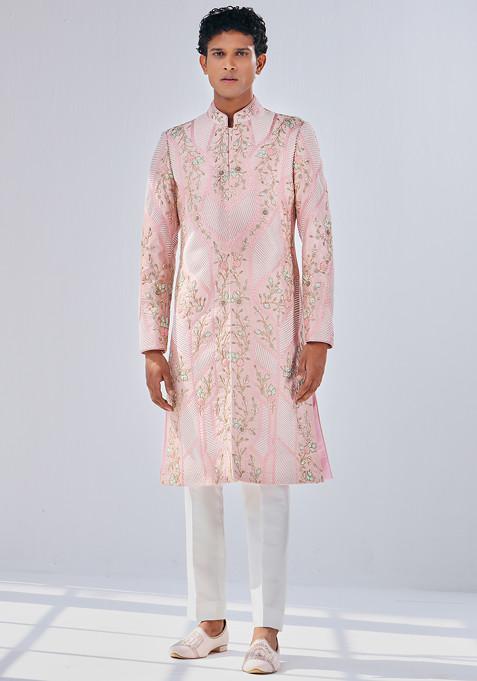 Powder Pink Floral Embroidered Sherwani For Men