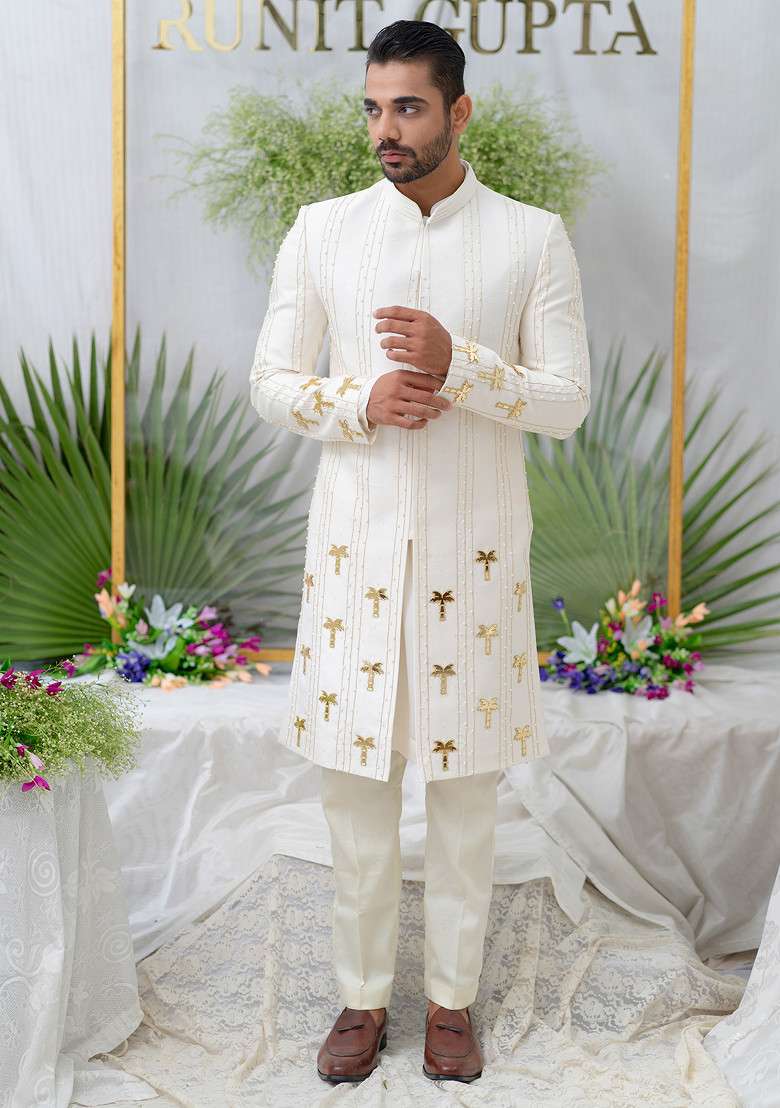 Ivory Hand Embroidered Amir Sherwani Set For Men - Indya