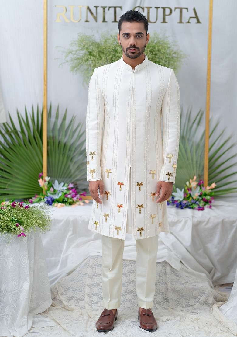 Ivory Hand Embroidered Amir Sherwani Set For Men - Indya