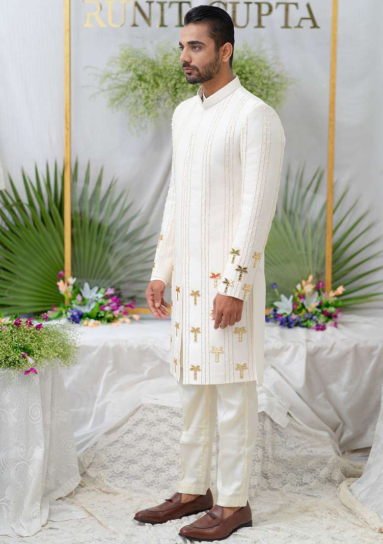 Ivory Hand Embroidered Amir Sherwani Set For Men - Indya