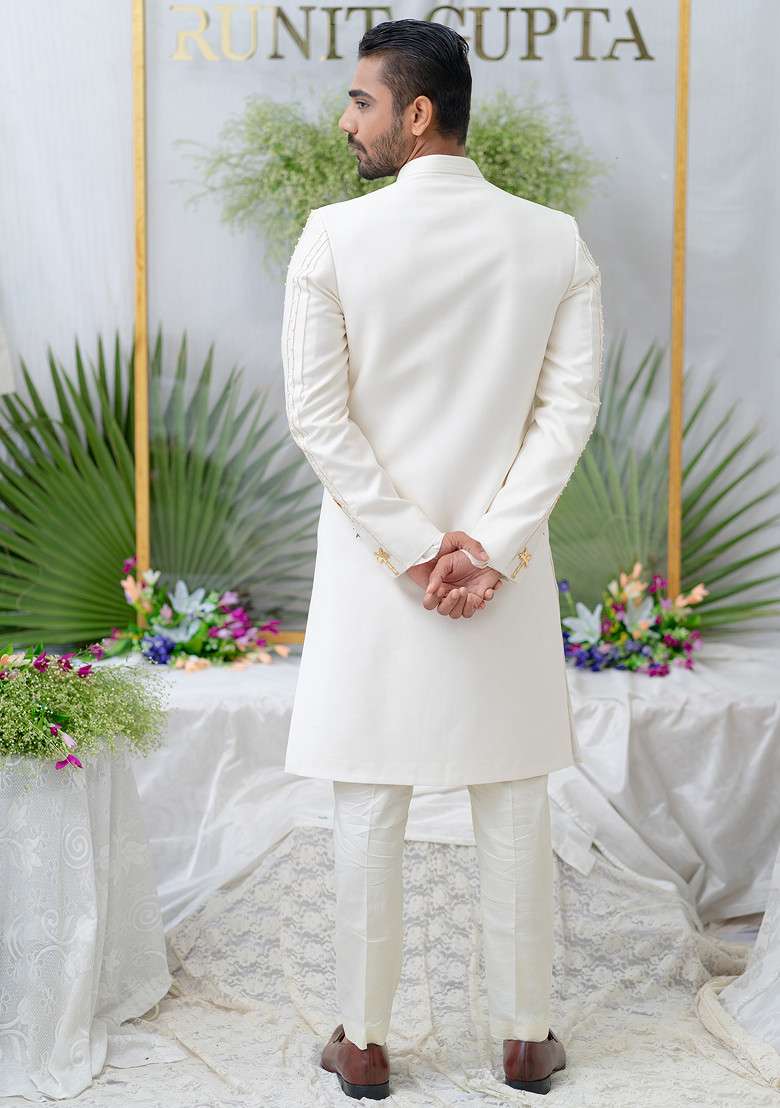 Ivory Hand Embroidered Amir Sherwani Set For Men - Indya