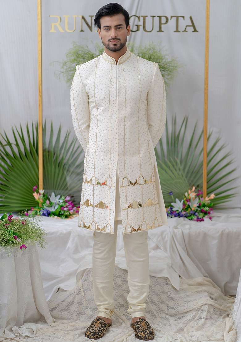 Ivory Hand Embroidered Silk Blend Sherwani Set For Men - Indya