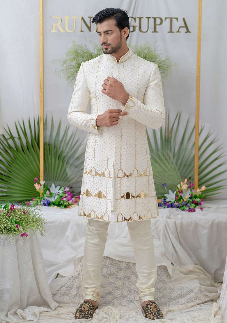 Ivory Hand Embroidered Silk Blend Sherwani Set For Men - Indya