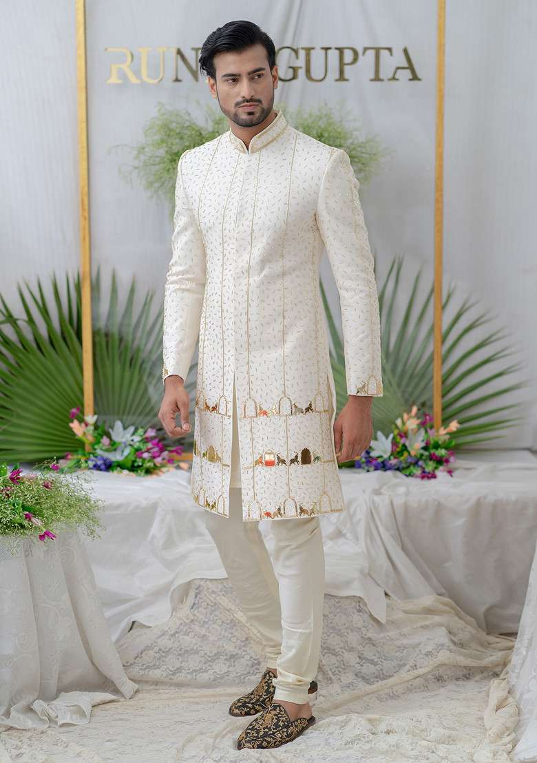 Ivory Hand Embroidered Silk Blend Sherwani Set For Men - Indya