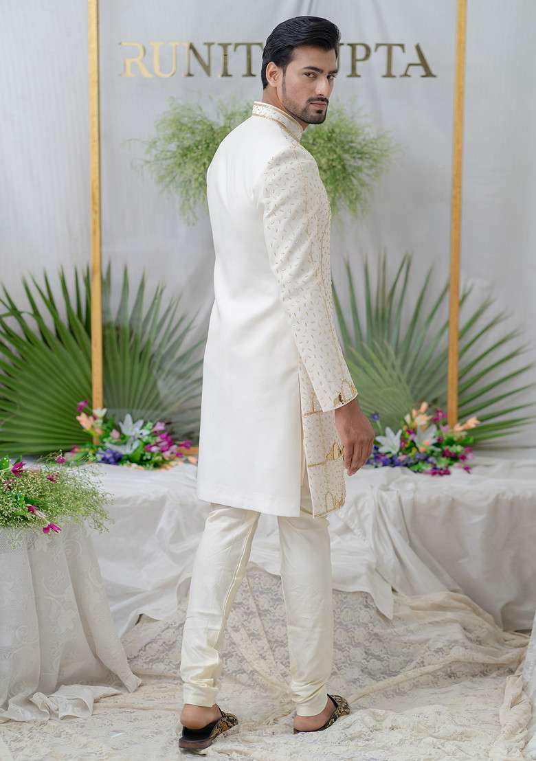 Ivory Hand Embroidered Silk Blend Sherwani Set For Men - Indya