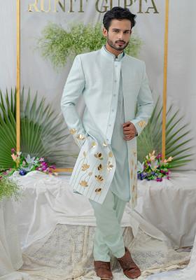 Blue Hand Embroidered Silk Sherwani Set For Men