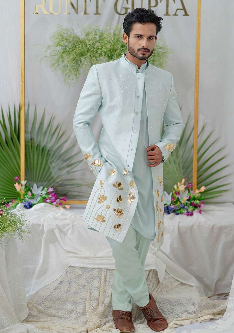 Blue Hand Embroidered Silk Blend Sherwani Set For Men - Indya