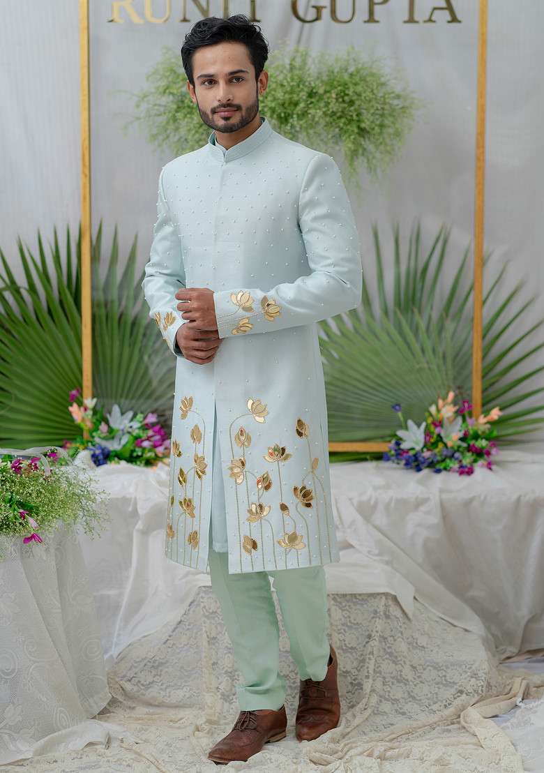 Blue Hand Embroidered Silk Blend Sherwani Set For Men - Indya