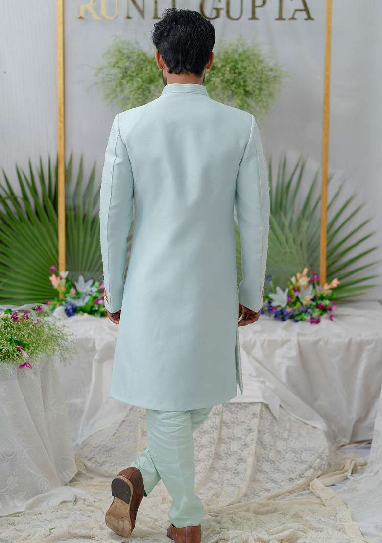 Blue Hand Embroidered Silk Blend Sherwani Set For Men - Indya