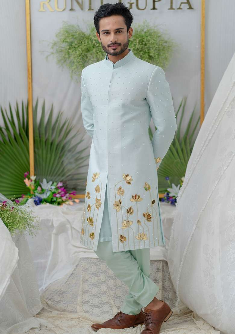 Blue Hand Embroidered Silk Blend Sherwani Set For Men - Indya
