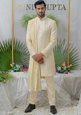 Cream Hand Embroidered Silk Sherwani Set For Men