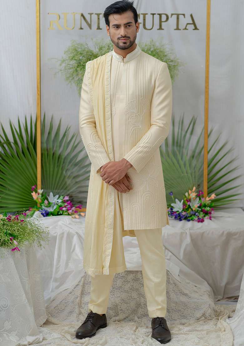 Cream Hand Embroidered Silk Blend Sherwani Set For Men - Indya