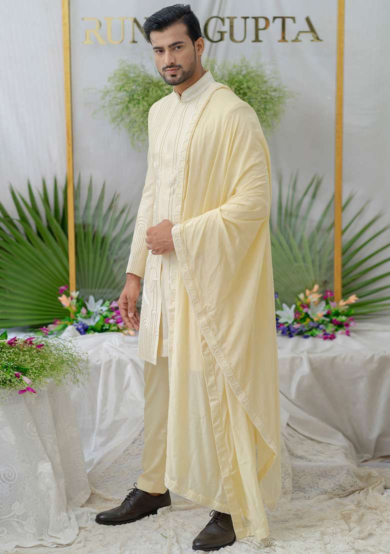 Cream Hand Embroidered Silk Blend Sherwani Set For Men - Indya
